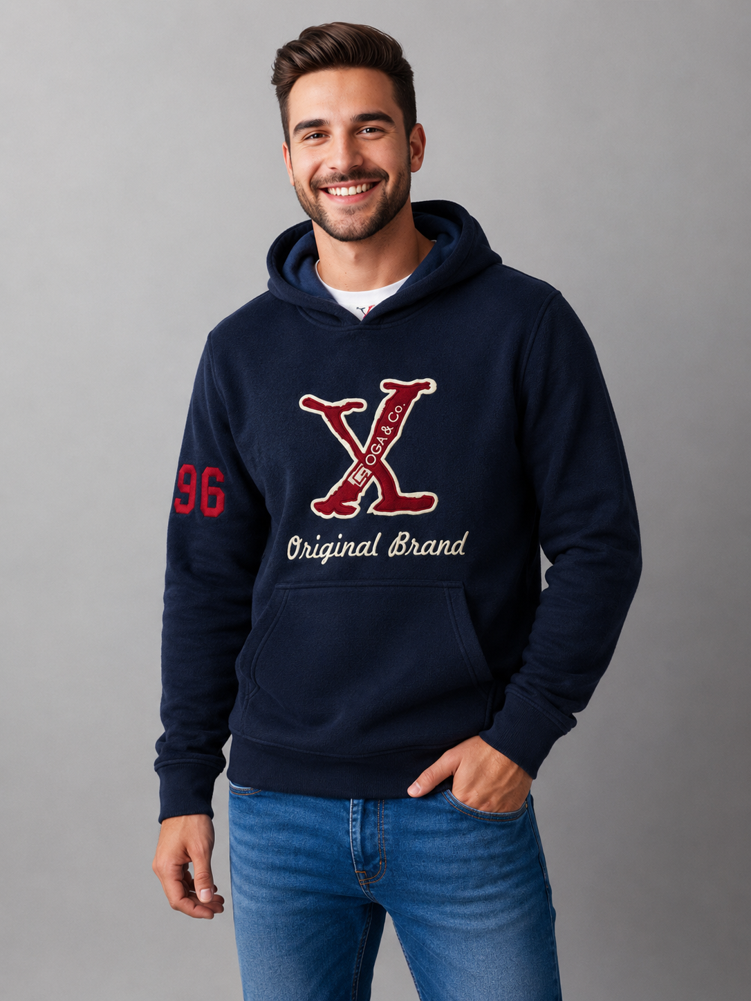 Sudadera polar para hombre, bordada con manga larga, capucha ajustable, bolsas frontales.