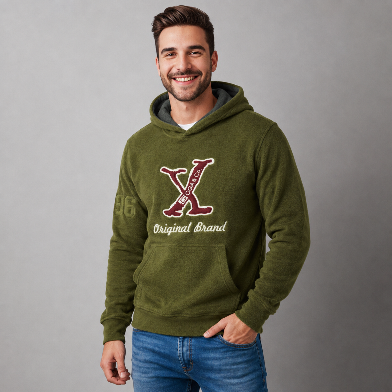 Sudadera polar para hombre, bordada con manga larga, capucha ajustable, bolsas frontales.