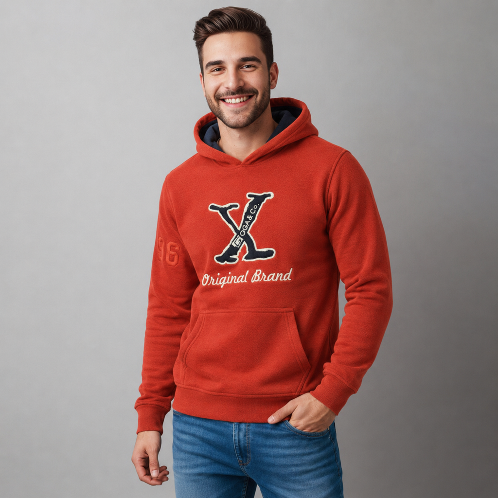 Sudadera polar para hombre, bordada con manga larga, capucha ajustable, bolsas frontales.