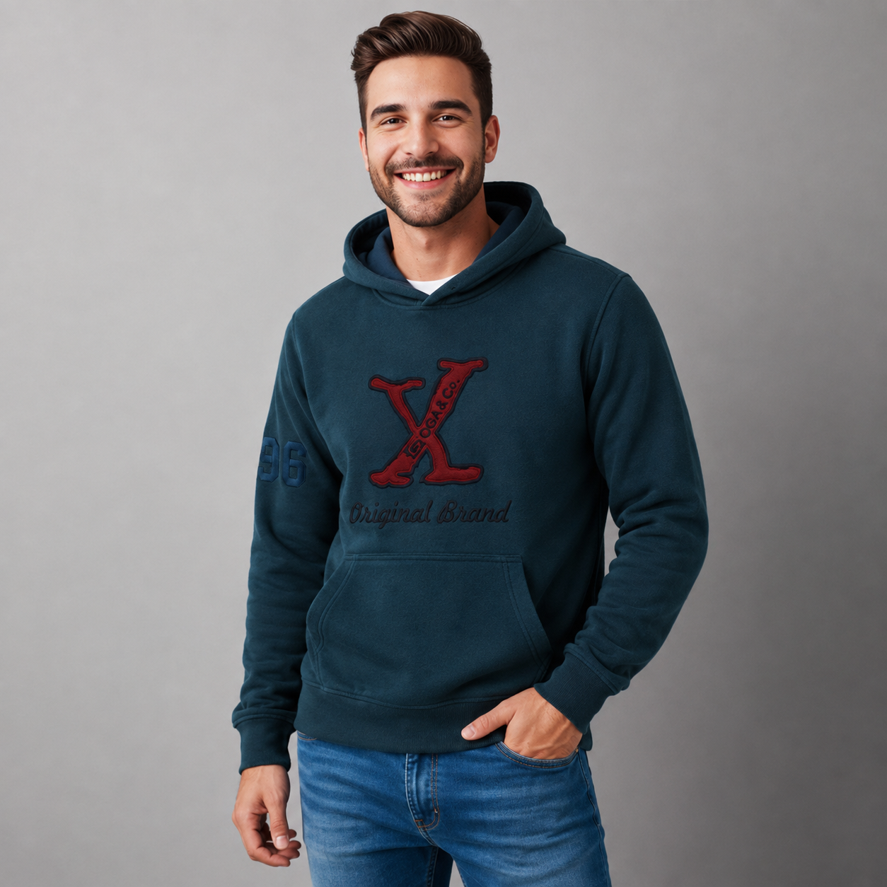 Sudadera polar para hombre, bordada con manga larga, capucha ajustable, bolsas frontales.
