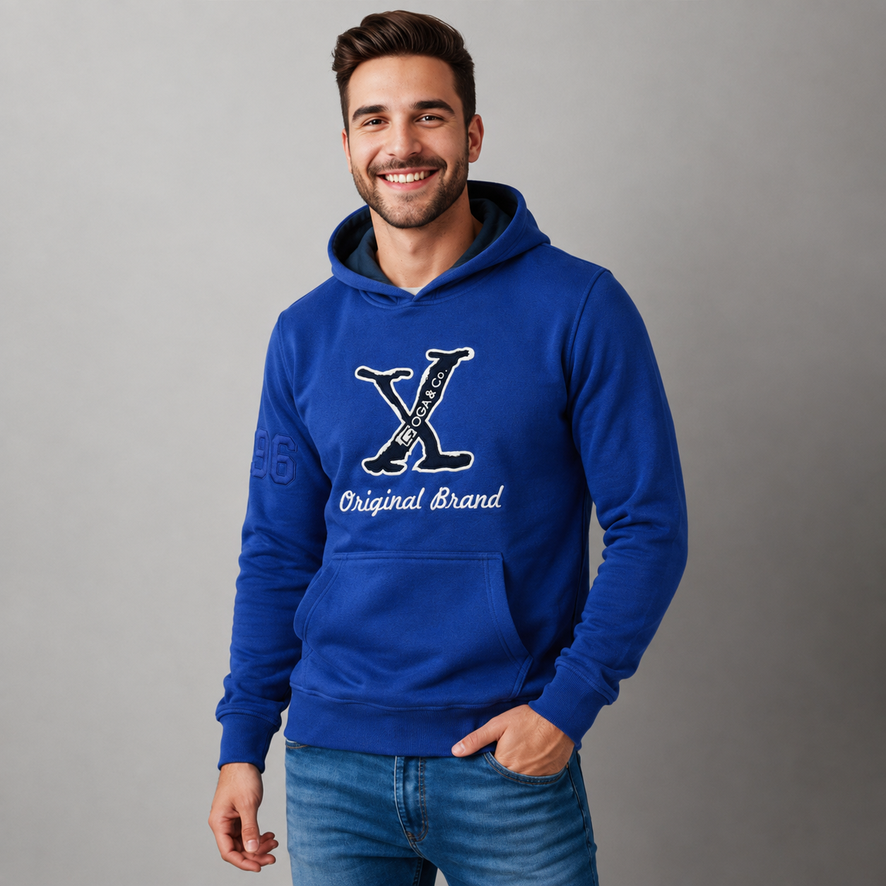 Sudadera polar para hombre, bordada con manga larga, capucha ajustable, bolsas frontales.