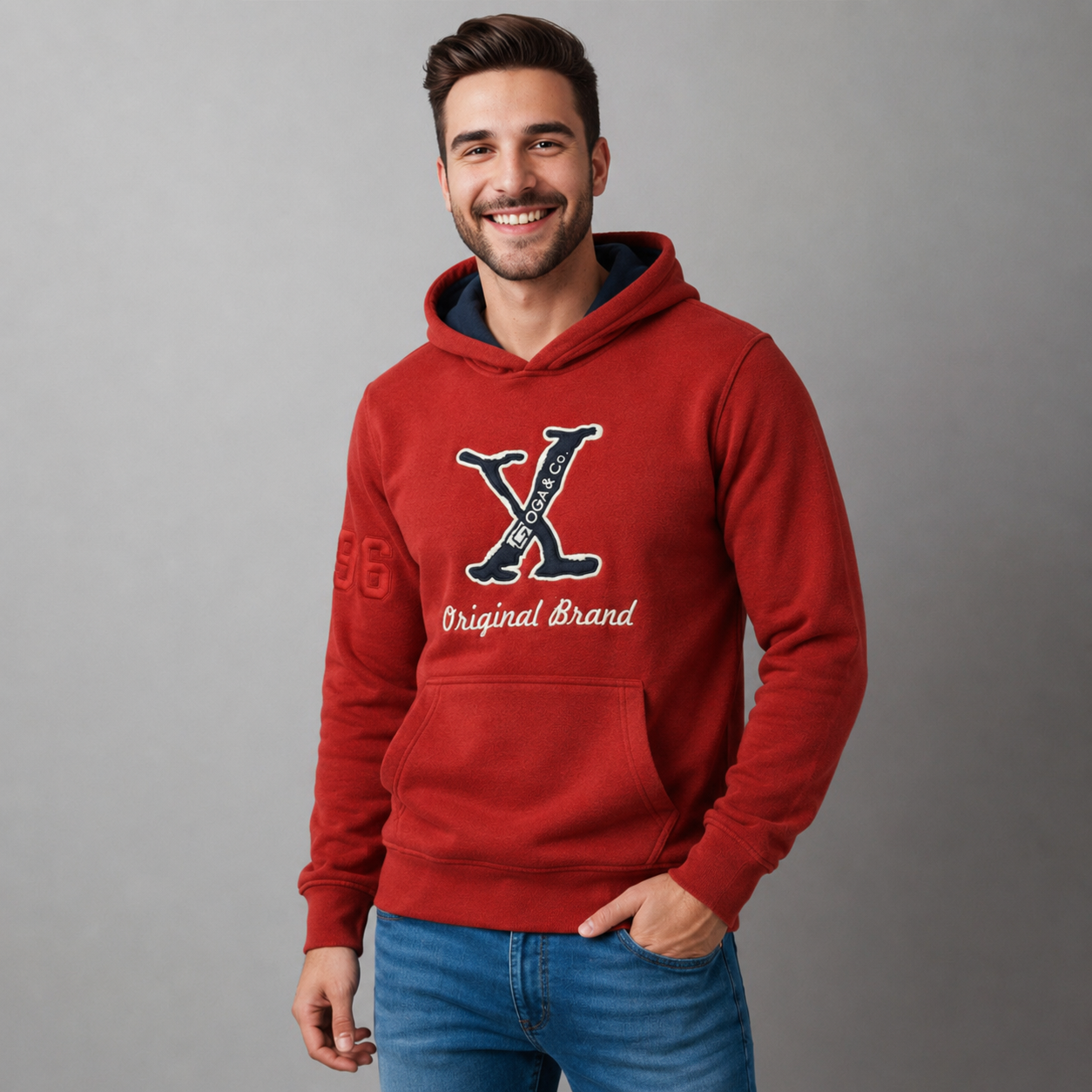 Sudadera polar para hombre, bordada con manga larga, capucha ajustable, bolsas frontales.