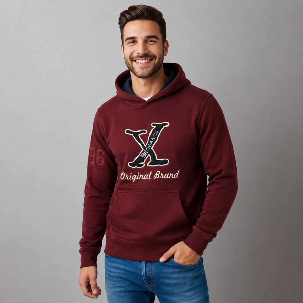 Sudadera polar para hombre, bordada con manga larga, capucha ajustable, bolsas frontales.