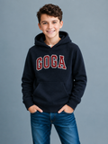 Sudadera polar bordada con manga larga, capucha ajustable, bolsa frontal.