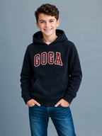 Sudadera polar bordada con manga larga, capucha ajustable, bolsa frontal.