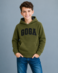 Sudadera polar bordada con manga larga, capucha ajustable, bolsa frontal.