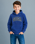 Sudadera polar bordada con manga larga, capucha ajustable, bolsa frontal.