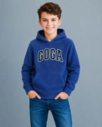 Sudadera polar bordada con manga larga, capucha ajustable, bolsa frontal.