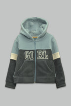 Sudadera sherpa niña bordada con manga larga, capucha ajustable, bolsas frontales y cierre