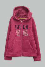 Sudadera sherpa niña bordada con manga larga, capucha ajustable, bolsas frontales y cierre