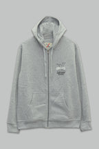 Sudadera felpa para hombre, estampada con manga larga, capucha ajustable, bolsas frontales y cierre.