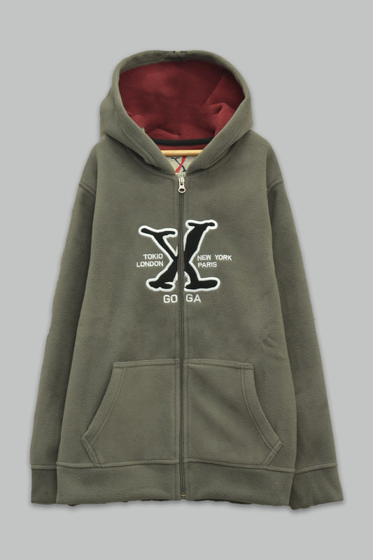 Sudadera polar para Niño bordada con manga larga, capucha ajustable, bolsas frontales y cierre.