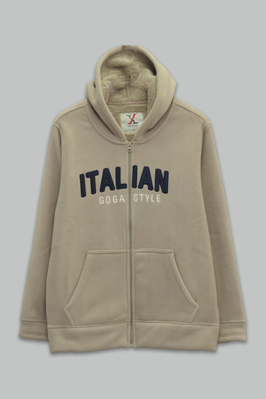 Sudadera sherpa para hombre, bordada, con capucha ajustable, bolsas frontales y cierre.