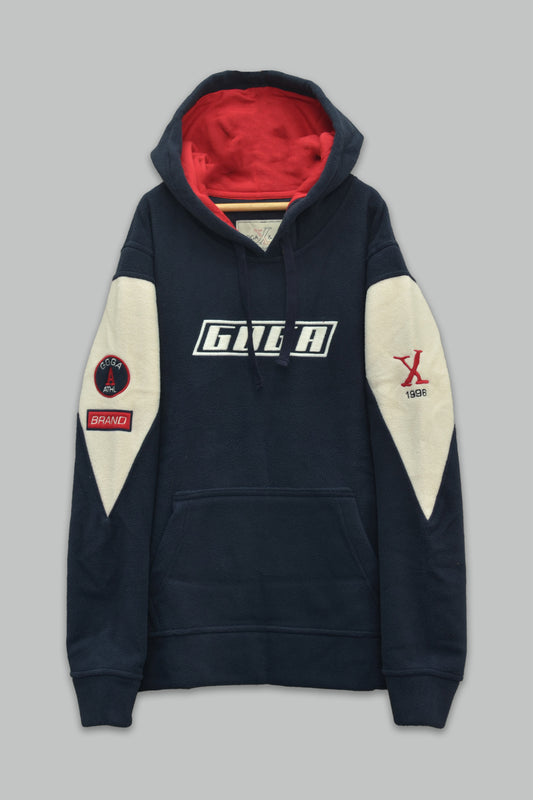 Sudadera polar bordada con manga larga, capucha ajustable, bolsa frontal.