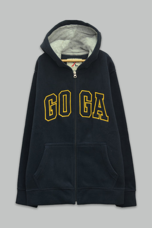 Sudadera polar para Niño bordada con manga larga, capucha ajustable, bolsas frontales y cierre.