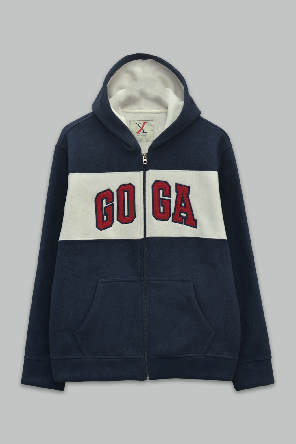 Sudadera polar para hombre, bordada con manga larga, bolsas frontales y cierre.