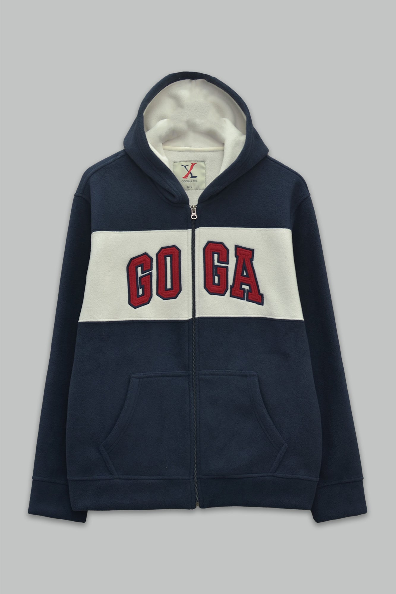 Sudadera polar para hombre, bordada con manga larga, bolsas frontales y cierre.