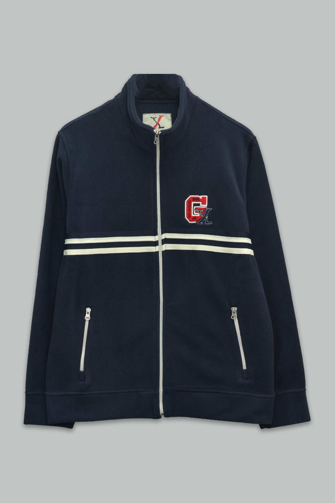 Sudadera polar para hombre, bordada con manga larga, bolsas frontales y cierre.