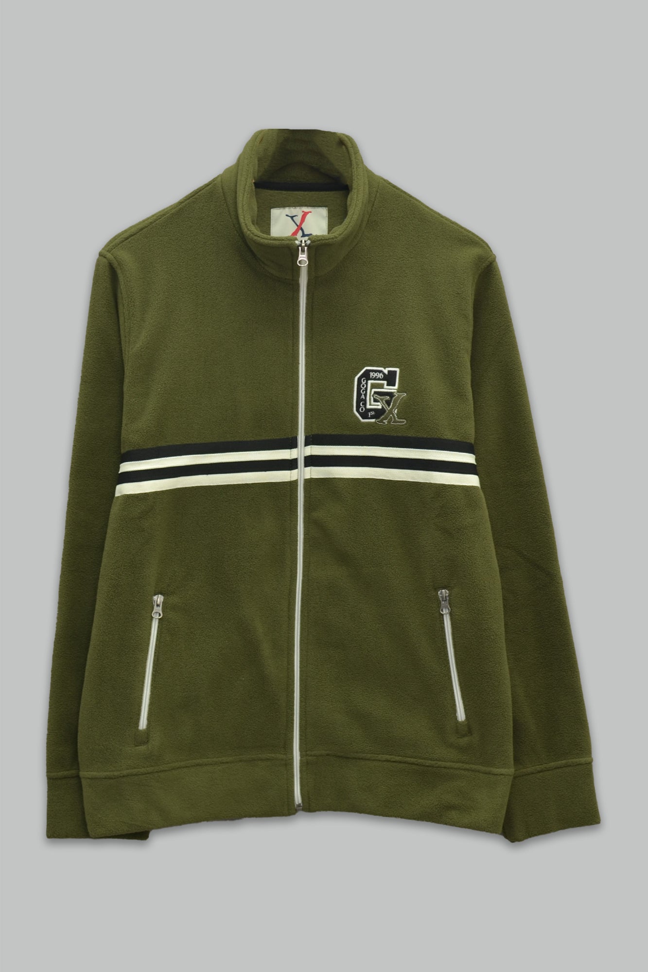 Sudadera polar para hombre, bordada con manga larga, bolsas frontales y cierre.