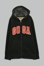 Sudadera polar para Niño bordada con manga larga, capucha ajustable, bolsas frontales y cierre.