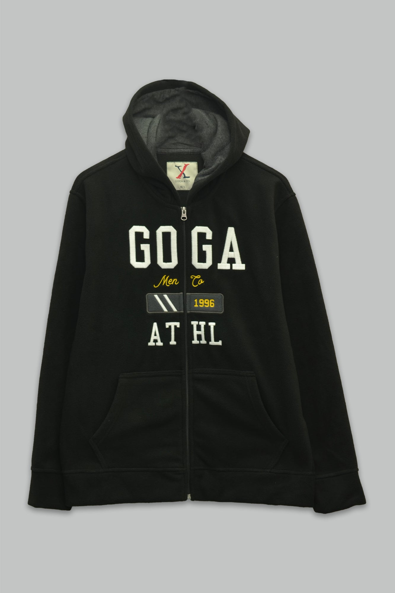 Sudadera polar para hombre, bordada con manga larga, bolsas frontales y cierre.