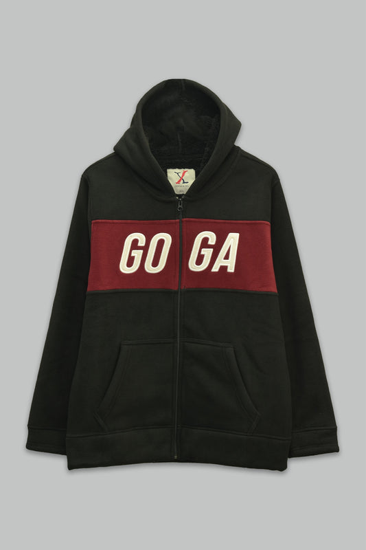 Sudadera sherpa para hombre, bordada, con capucha ajustable, bolsas frontales y cierre.