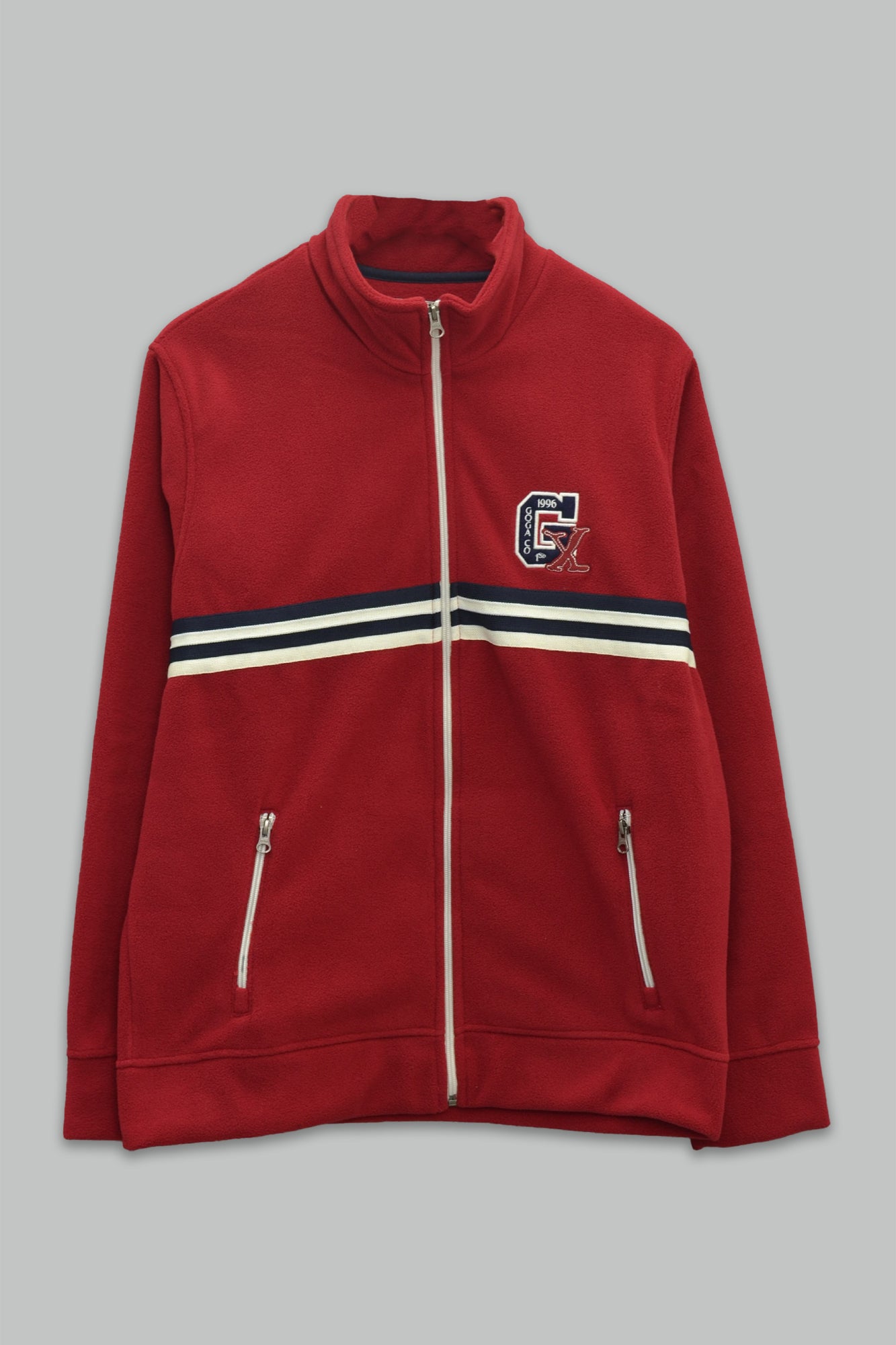 Sudadera polar para hombre, bordada con manga larga, bolsas frontales y cierre.