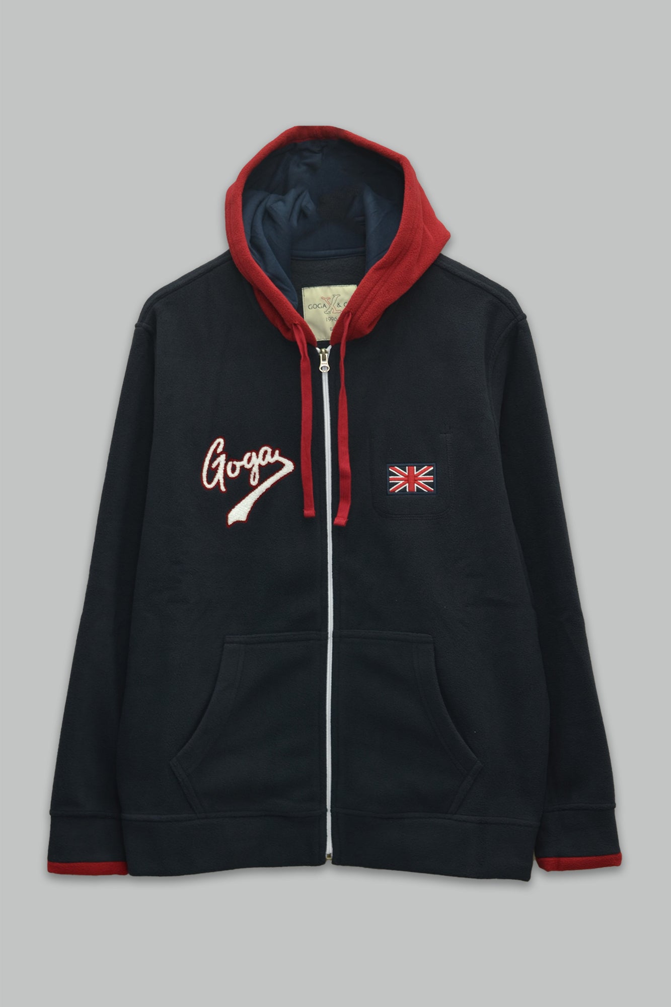 Sudadera polar para hombre, bordada con manga larga, bolsas frontales y cierre.
