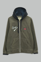 Sudadera polar para hombre, bordada con manga larga, bolsas frontales y cierre.
