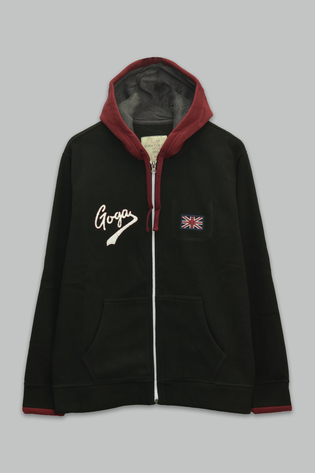 Sudadera polar para hombre, bordada con manga larga, bolsas frontales y cierre.