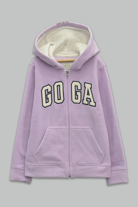 Sudadera polar bordada con capucha ajustable para niña , bolsas frontales y cierre