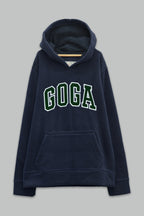 Sudadera polar para Niño bordada con manga larga, capucha ajustable, bolsas frontales y cierre.
