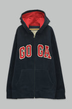 Sudadera polar bordada con manga larga, capucha ajustable, bolsa frontal.