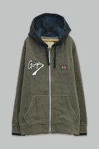 Sudadera polar para Niño bordada con manga larga, capucha ajustable, bolsas frontales y cierre.