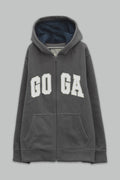 Sudadera polar bordada con manga larga, capucha ajustable, bolsa frontal.