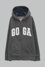 Sudadera polar bordada con manga larga, capucha ajustable, bolsa frontal.