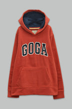 Sudadera polar para Niño bordada con manga larga, capucha ajustable, bolsas frontales y cierre.