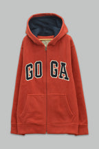 Sudadera polar bordada con manga larga, capucha ajustable, bolsa frontal.