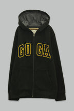 Sudadera polar bordada con manga larga, capucha ajustable, bolsa frontal.