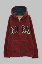 Sudadera polar bordada con manga larga, capucha ajustable, bolsa frontal.
