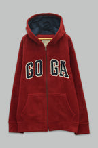Sudadera polar bordada con manga larga, capucha ajustable, bolsa frontal.