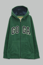 Sudadera polar bordada con manga larga, capucha ajustable, bolsa frontal.