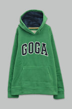 Sudadera polar para Niño bordada con manga larga, capucha ajustable, bolsas frontales y cierre.