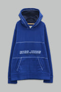 Sudadera polar bordada con manga larga, capucha ajustable, bolsa frontal.