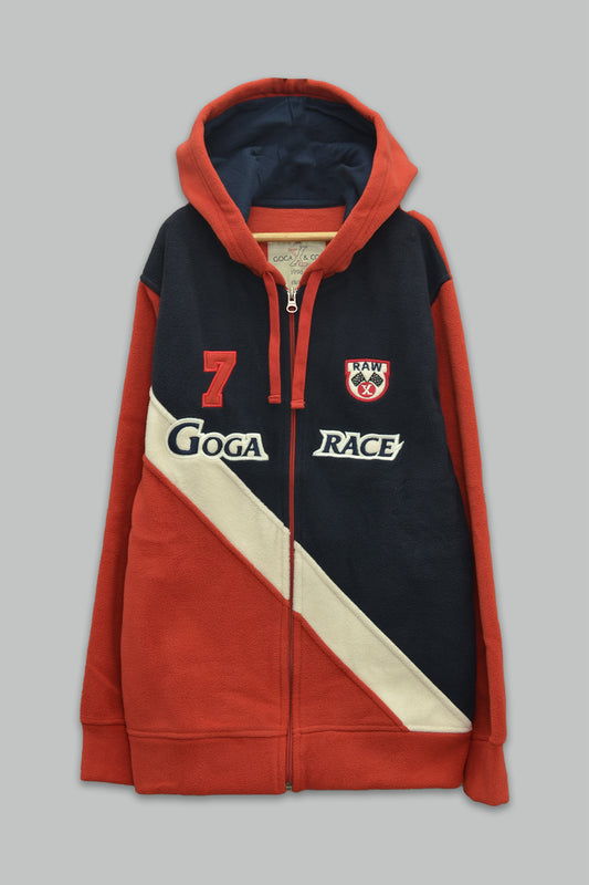 Sudadera polar para Niño bordada con manga larga, capucha ajustable, bolsas frontales y cierre.